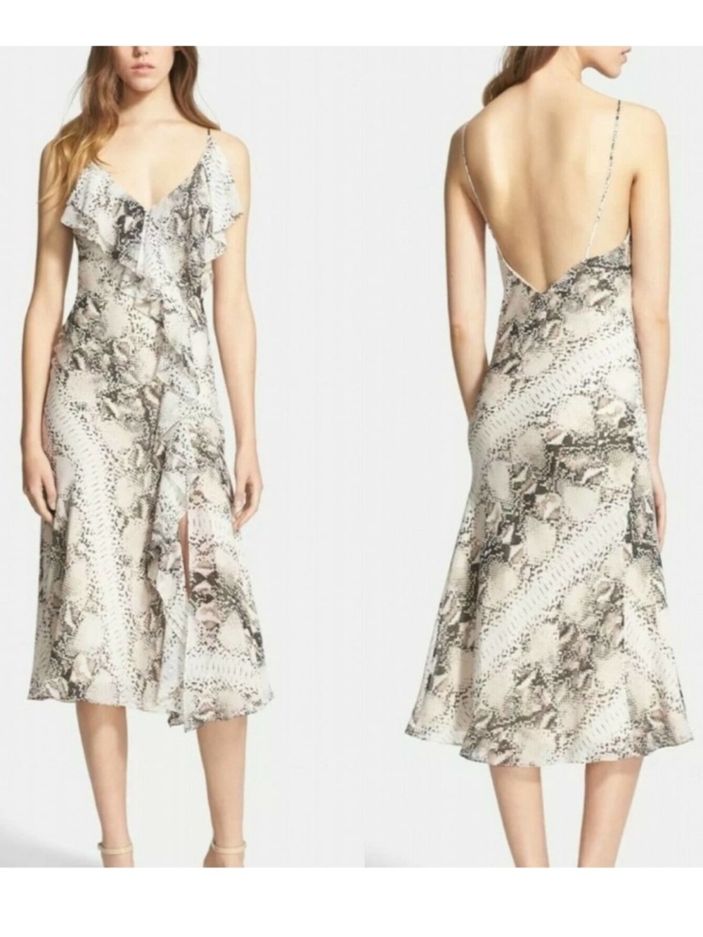 Haute Hippie Silk Snake-Print Ruffle Slip Midi Dress size Large - Picture 2 of 14
